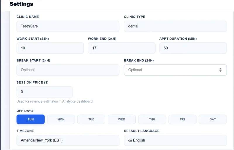 Clinic scheduling settings preview
