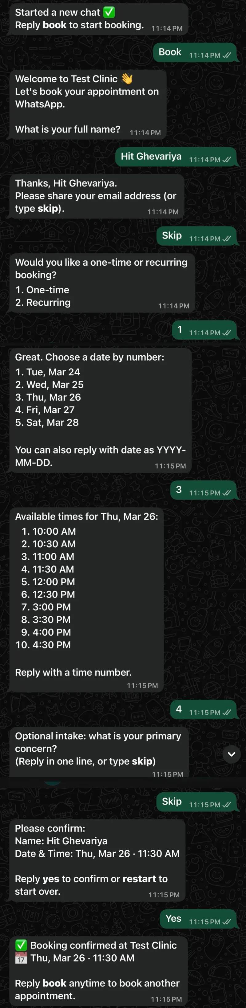 WhatsApp booking conversation preview